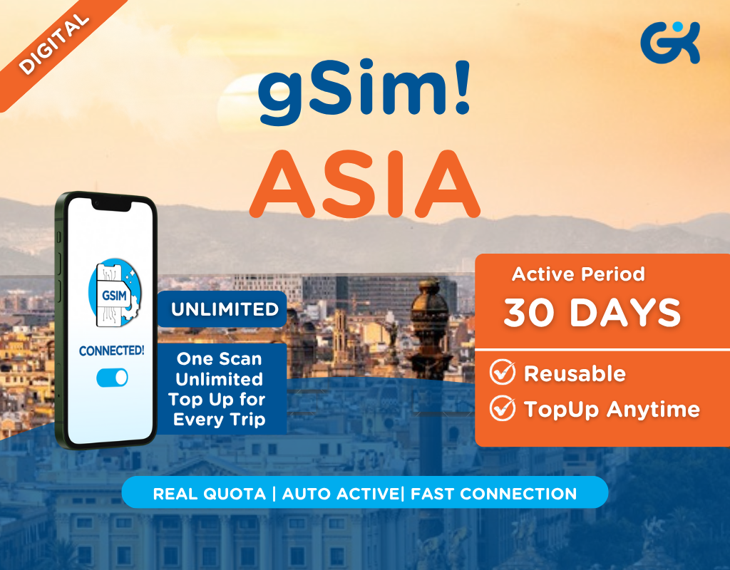 (INSTANT) gSim! Asia - Jepang Singapura Malaysia Vietnam Thailand China Hong Kong Macau Taiwan Korea | Satu eSIM untuk Selamanya Global Komunika - Reusable & TopUp Anytime | Global Komunika